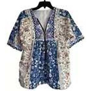 Floral Print Kimono Top Bohemian Style Open Front Blue Beige Size L